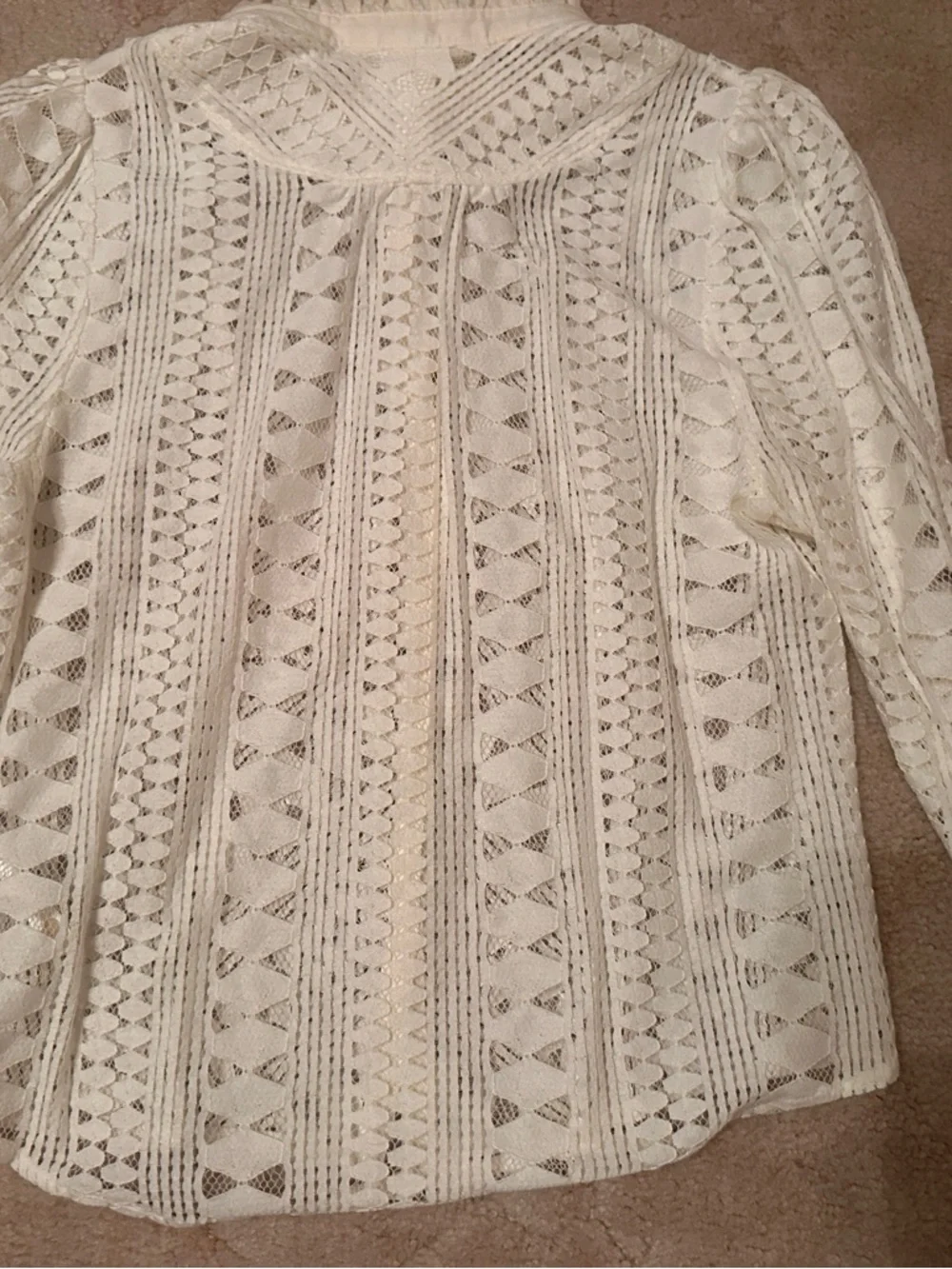 Anthropologie Cream Crochet Lace Ruffle-Neck Button Blouse